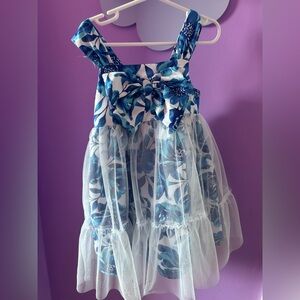Floral Blue and White Dress with Bow